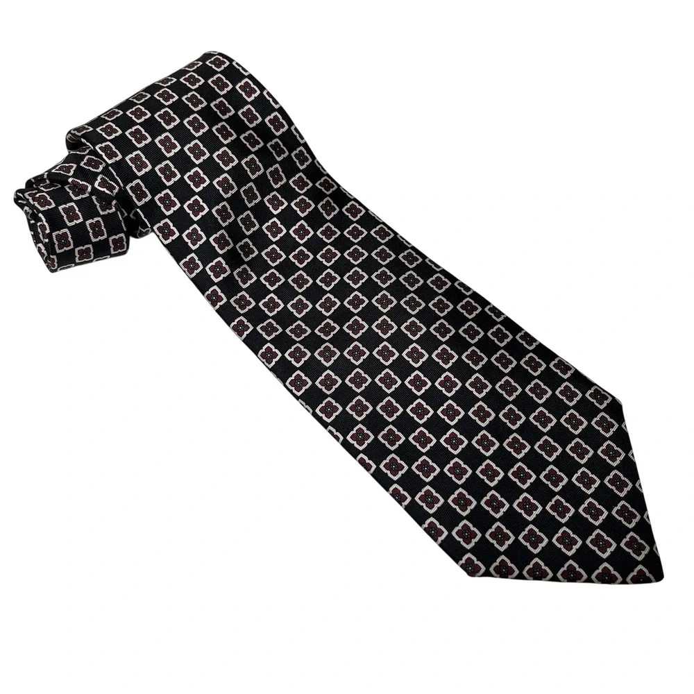 Brooks Brothers 100% Silk Black Red White Geometric Print‎ Tie Italy Classic 58